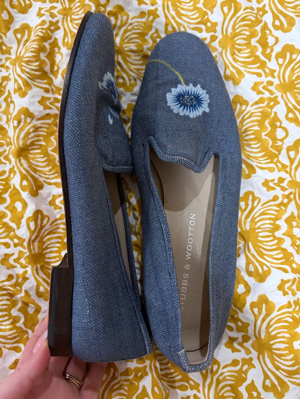Stubbs & Wootton Palm Beach Floral Denim Slippers | Size 11 - Picture 3 of 8